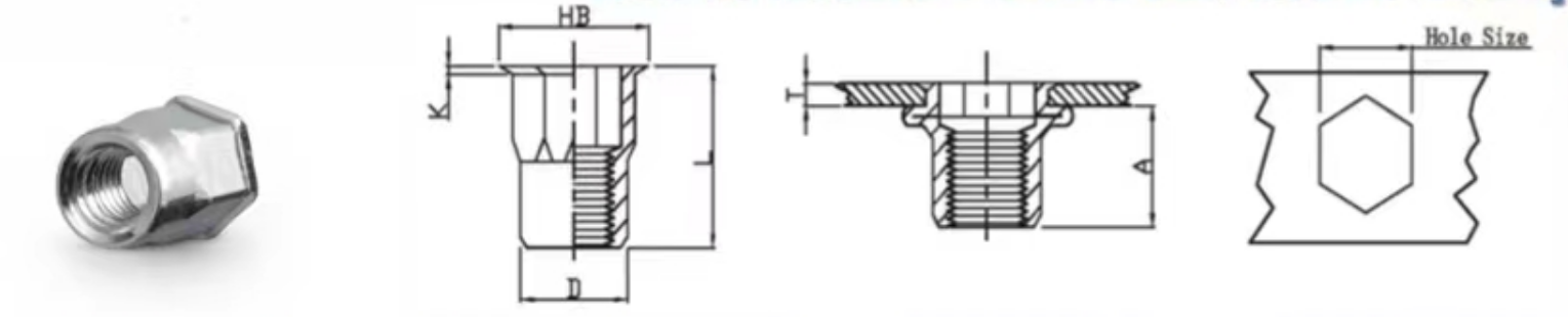 Заклепочная гайка с мелкой головкой и полушестигранником-xq1